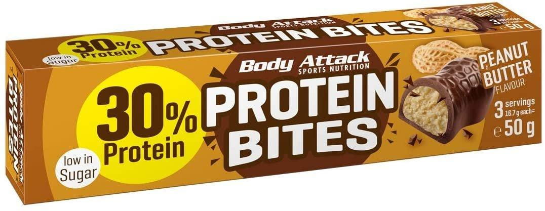 Tyčinky Body Attack Protein Bites 3 x 16 g, pralinky s arašídovou náplní a čokoládovou polevou
